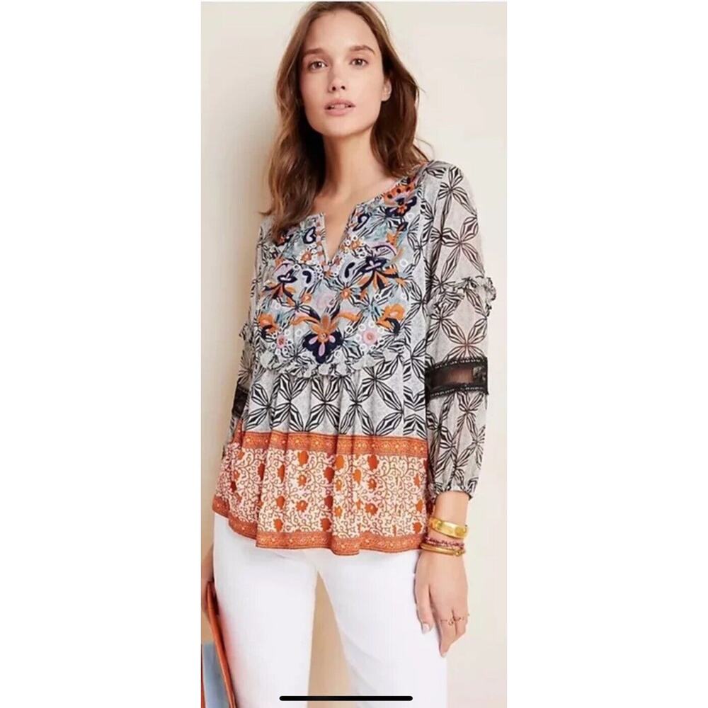 Anthropologie Terri Embroidered Peasant Boho Top Mixed Print S Rust Black Cream - Picture 1 of 13